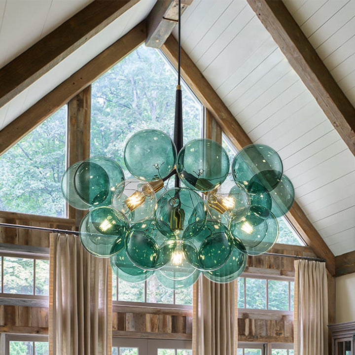 Farmhouze Light - 6 - Light Dimmable Cluster Glass Globe Green Bubble Chandelier - Chandelier - Black + Brass - 