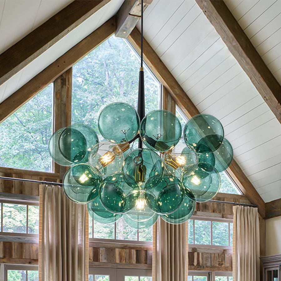 Farmhouze Light - 6 - Light Dimmable Cluster Glass Globe Green Bubble Chandelier - Chandelier - Black + Brass - 