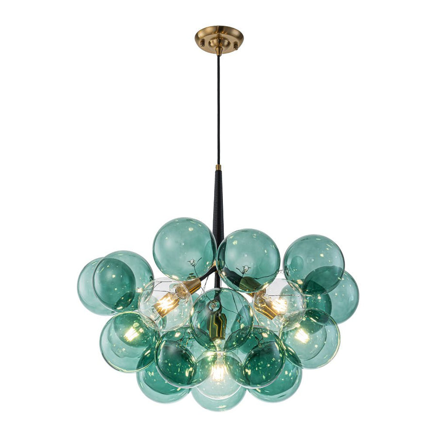 Farmhouze Light - 6 - Light Dimmable Cluster Glass Globe Green Bubble Chandelier - Chandelier - Black + Brass - 