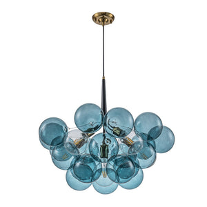 Farmhouze Light - 6 - Light DimmableCluster Glass Globe Blue Bubble Chandelier - Chandelier - Black + Brass - 