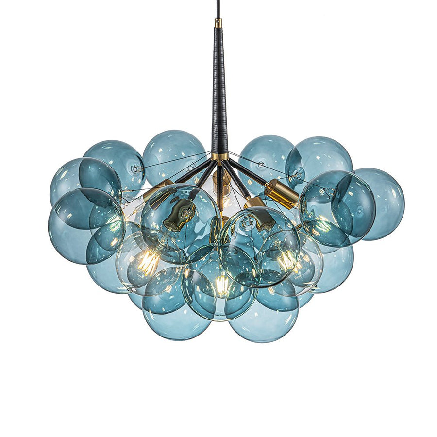 Farmhouze Light - 6 - Light DimmableCluster Glass Globe Blue Bubble Chandelier - Chandelier - Black + Brass - 