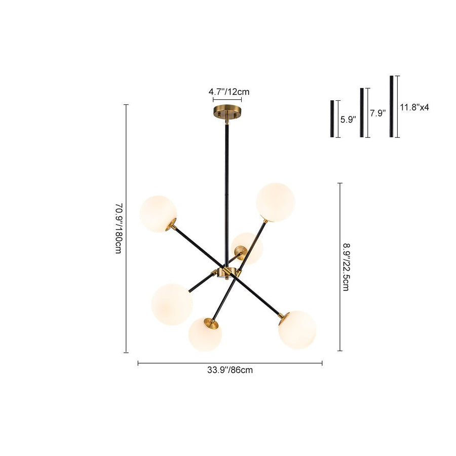 Farmhouze Light - 6 - Light Linear Opal Glass Globe Adjustable Sputnik Chandelier - Chandelier - Black Brass - 
