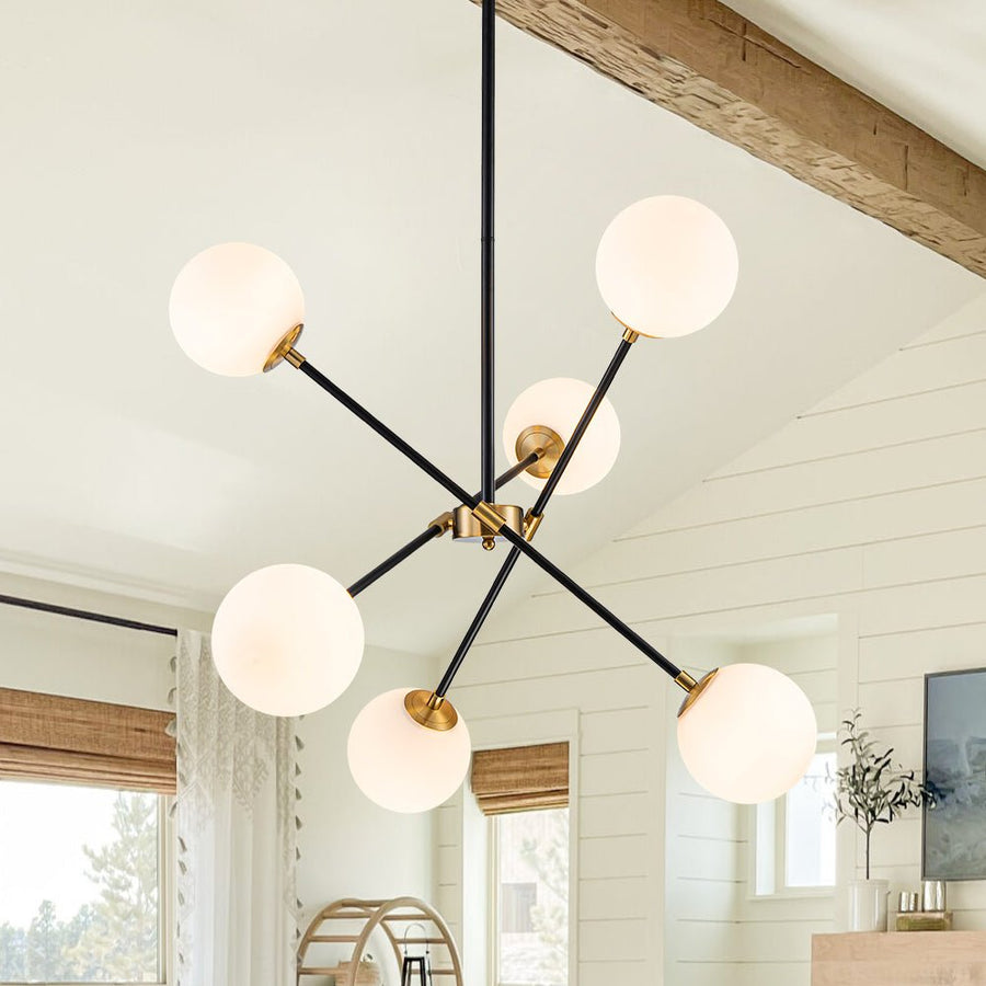 Farmhouze Light - 6 - Light Linear Opal Glass Globe Adjustable Sputnik Chandelier - Chandelier - Black Brass - 