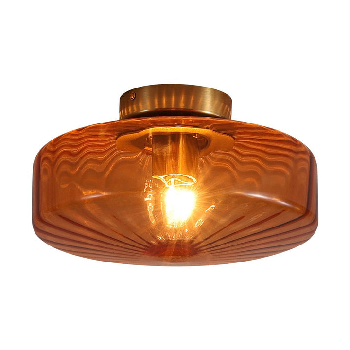 Farmhouze Light - Amber Reeded Glass Drum Single Semi Flush Ceiling Light - Ceiling Light - Amber Glass - 