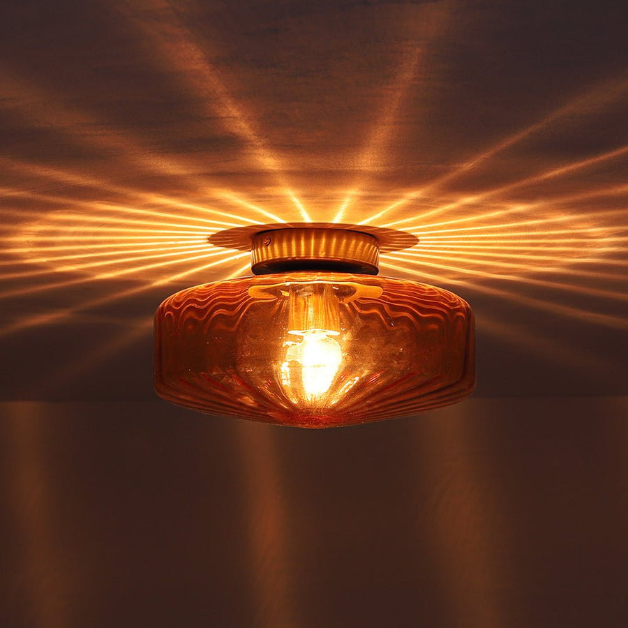 Farmhouze Light - Amber Reeded Glass Drum Single Semi Flush Ceiling Light - Ceiling Light - Amber Glass - 