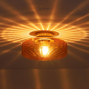 Farmhouze Light - Amber Reeded Glass Drum Single Semi Flush Ceiling Light - Ceiling Light - Amber Glass - 
