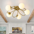 Load image into Gallery viewer, Farmhouze Light - Art Deco 5 - Light Brass Ring Frosted Glass Globe Semi Flush Mount - Ceiling Light - Brass - 
