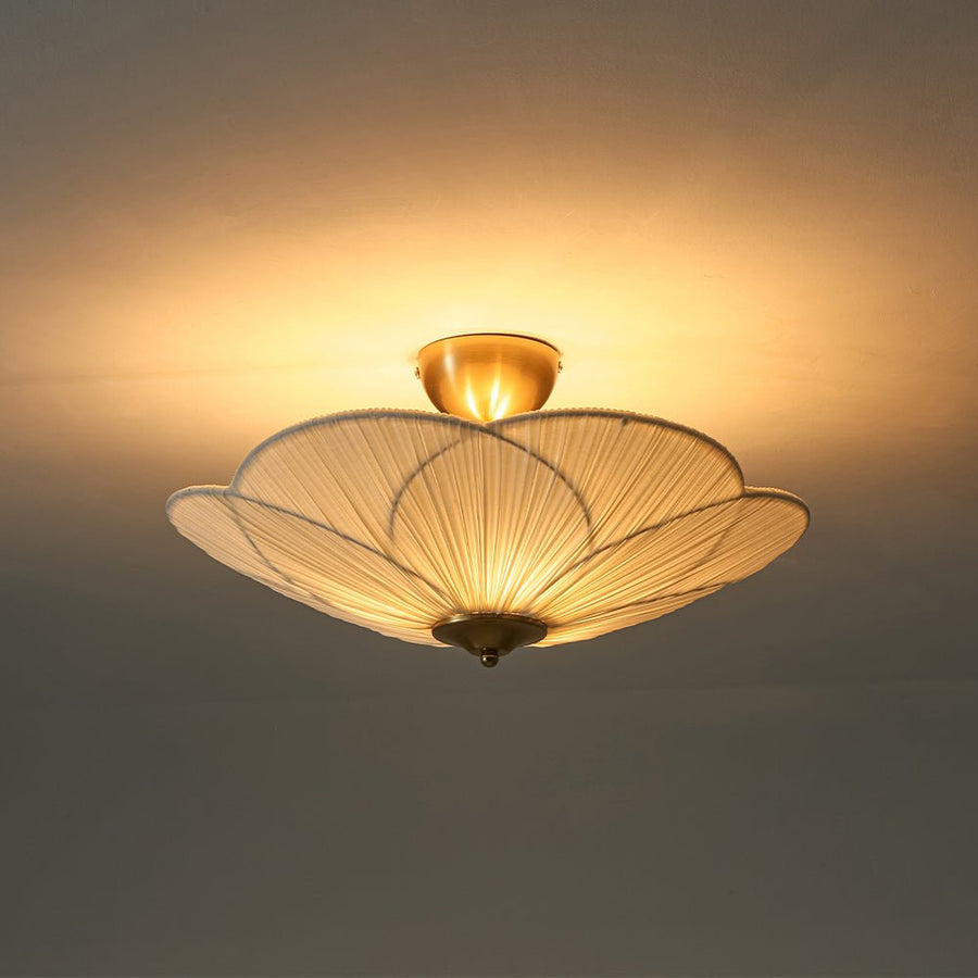 Farmhouze Light - Bohemian Round Ribbed Ivory Fabric Bloom Semi Flush Light - Ceiling Light - Ivory - 