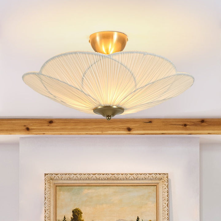 Farmhouze Light - Bohemian Round Ribbed Ivory Fabric Bloom Semi Flush Light - Ceiling Light - Ivory - 