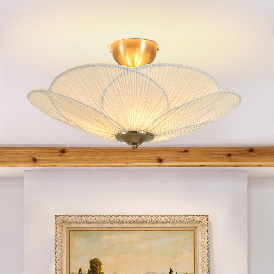 Farmhouze Light - Bohemian Round Ribbed Ivory Fabric Bloom Semi Flush Light - Ceiling Light - Ivory - 