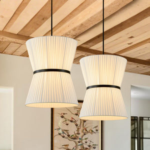 Farmhouze Light - Boho 2 - Tier Pleated White Fabric Lantern Pendant Light - Chandelier - 19.7 in - 