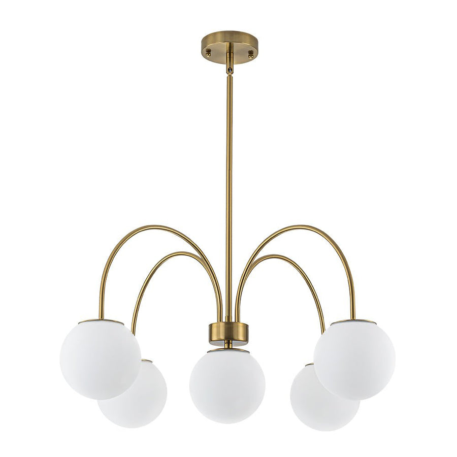 Farmhouze Light - Brass 5 - Light Arched Arm Milky Glass Globe Round Chandelier - Chandelier - 30 in - 