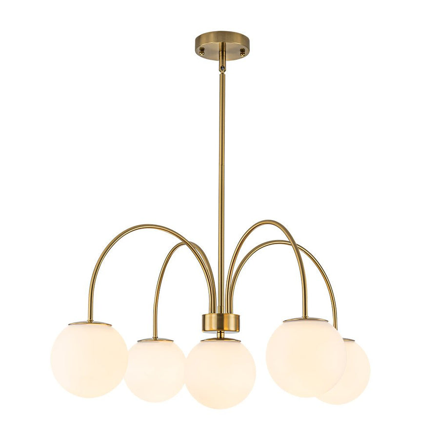 Farmhouze Light - Brass 5 - Light Arched Arm Milky Glass Globe Round Chandelier - Chandelier - 30 in - 