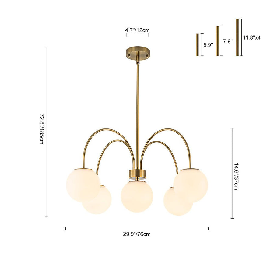 Farmhouze Light - Brass 5 - Light Arched Arm Milky Glass Globe Round Chandelier - Chandelier - 30 in - 