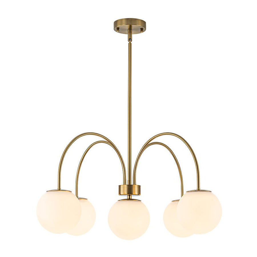 Farmhouze Light - Brass 5 - Light Arched Arm Milky Glass Globe Round Chandelier - Chandelier - 30 in - 