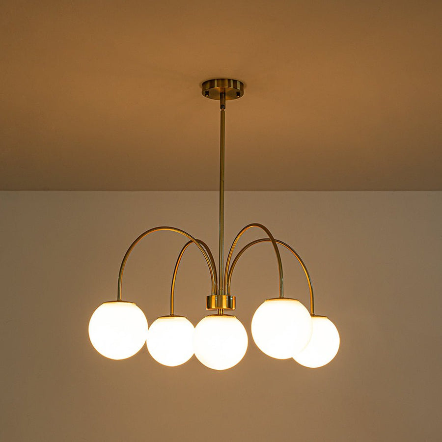Farmhouze Light - Brass 5 - Light Arched Arm Milky Glass Globe Round Chandelier - Chandelier - 30 in - 
