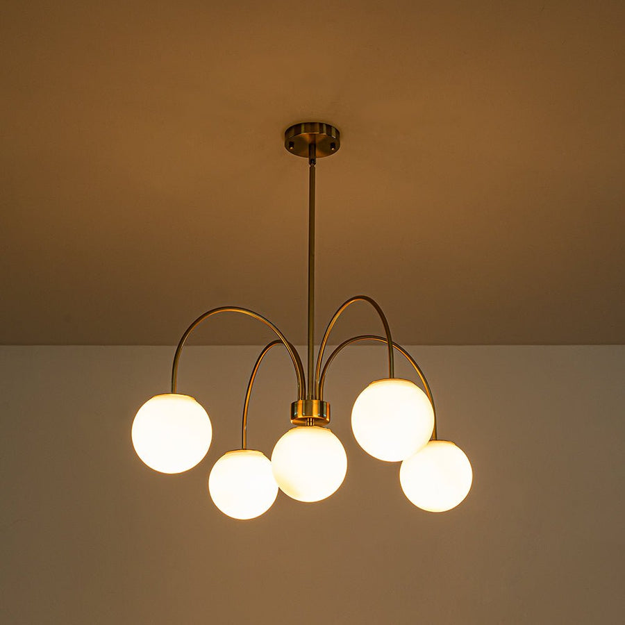 Farmhouze Light - Brass 5 - Light Arched Arm Milky Glass Globe Round Chandelier - Chandelier - 30 in - 