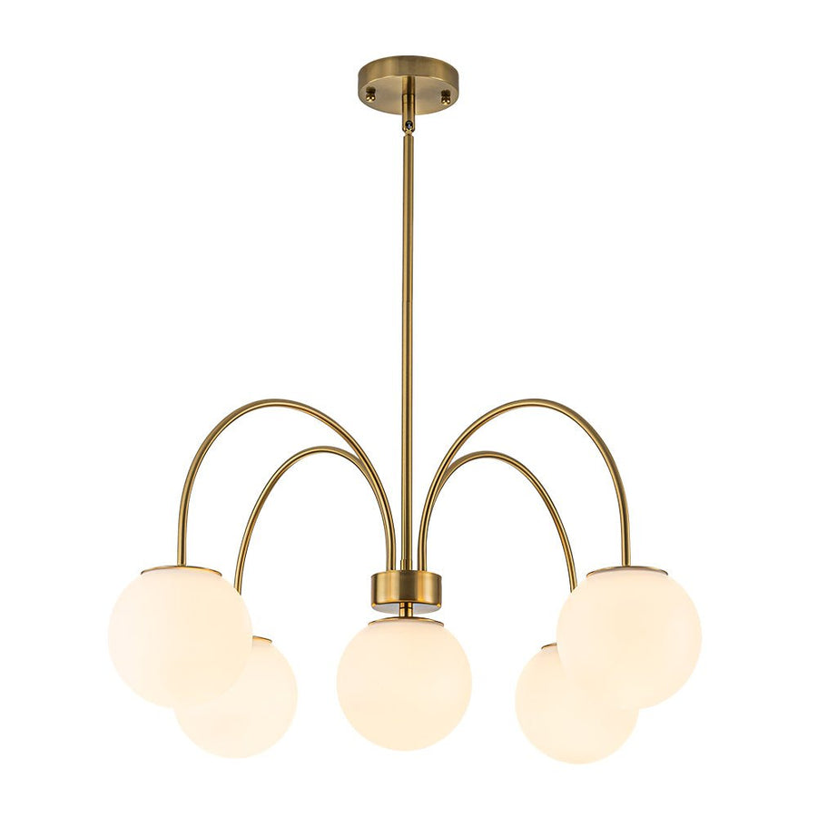 Farmhouze Light - Brass 5 - Light Arched Arm Milky Glass Globe Round Chandelier - Chandelier - 30 in - 