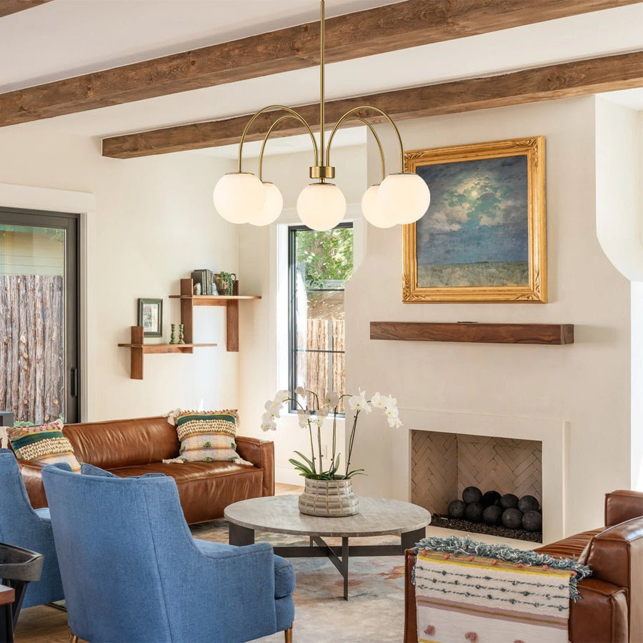 Farmhouze Light - Brass 5 - Light Arched Arm Milky Glass Globe Round Chandelier - Chandelier - 30 in - 