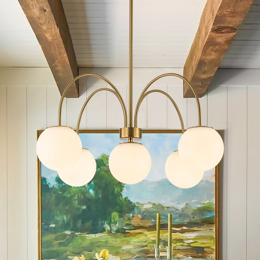 Farmhouze Light - Brass 5 - Light Arched Arm Milky Glass Globe Round Chandelier - Chandelier - 30 in - 