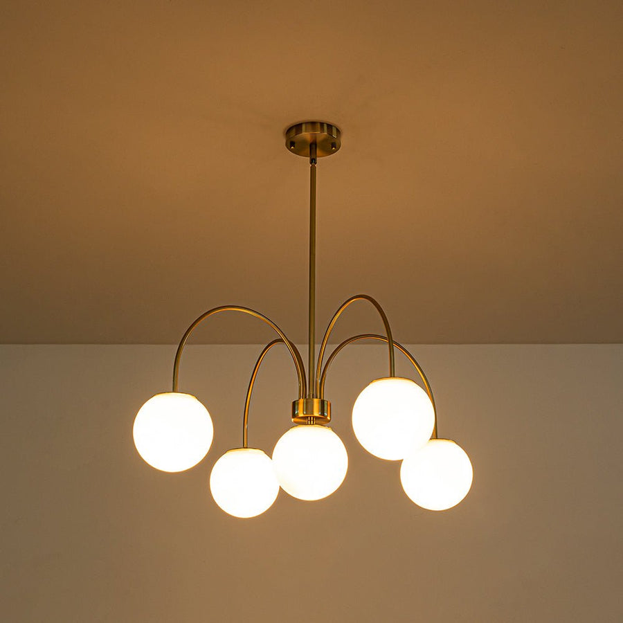 Farmhouze Light - Brass 5 - Light Arched Arm Milky Glass Globe Round Chandelier - Chandelier - 30 in - 