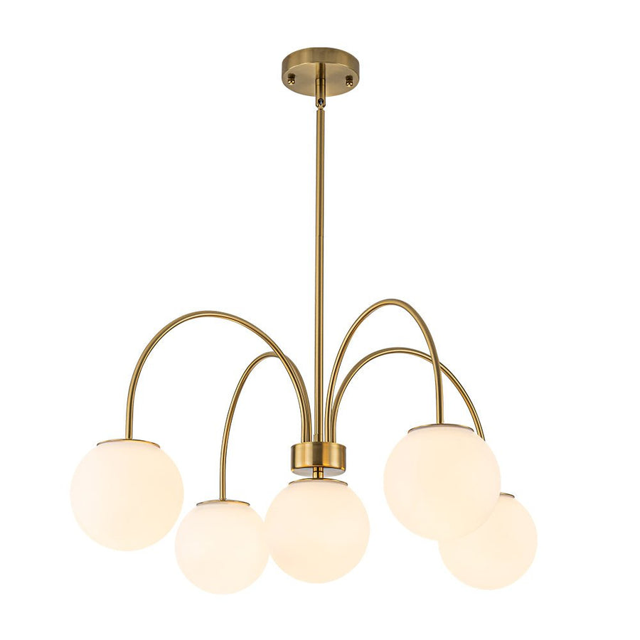 Farmhouze Light - Brass 5 - Light Arched Arm Milky Glass Globe Round Chandelier - Chandelier - 30 in - 