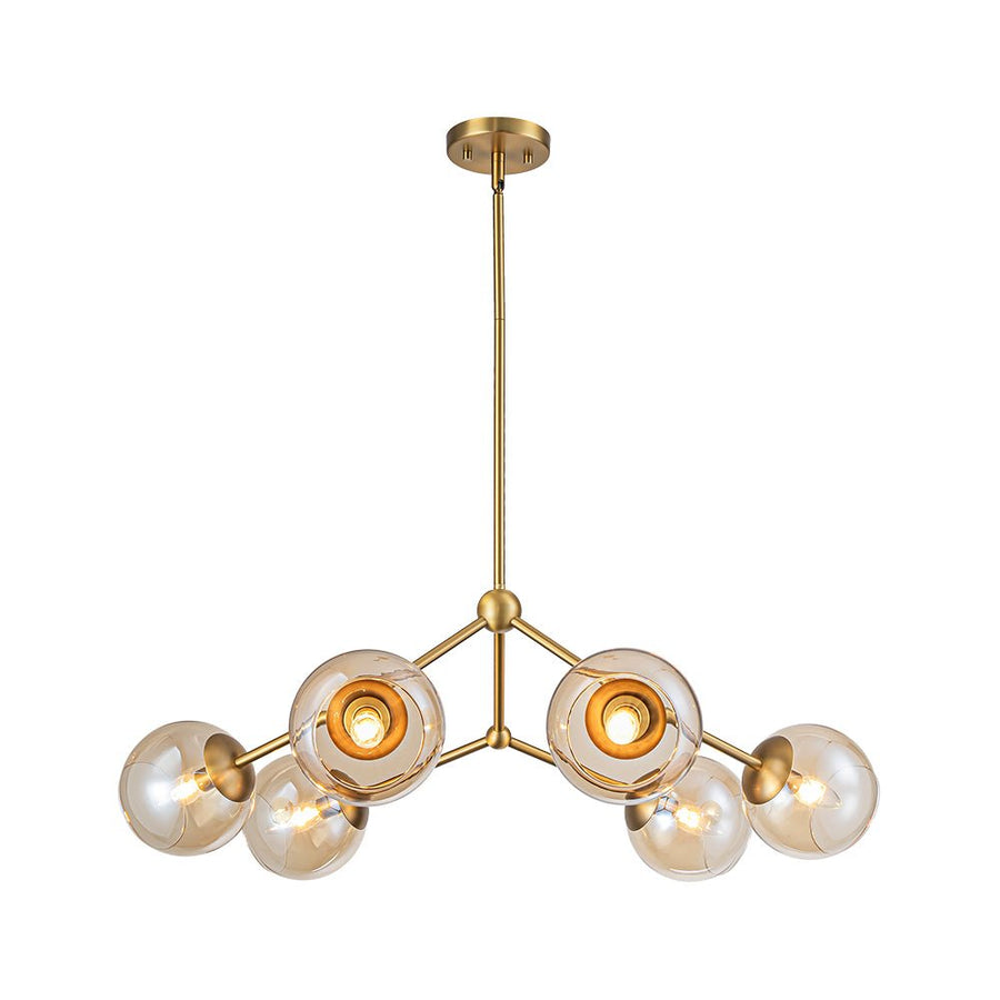 Farmhouze Light - Brass 6 - Light Amber Glass Globe Linear Sputnik Chandelier - Chandelier - Brass - 