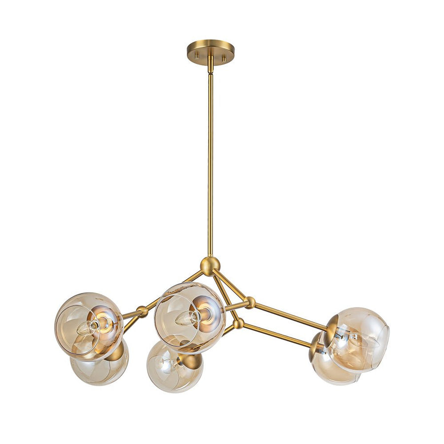 Farmhouze Light - Brass 6 - Light Amber Glass Globe Linear Sputnik Chandelier - Chandelier - Brass - 