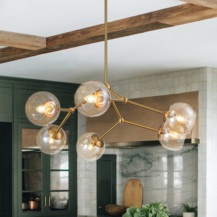 Farmhouze Light - Brass 6 - Light Amber Glass Globe Linear Sputnik Chandelier - Chandelier - Brass - 