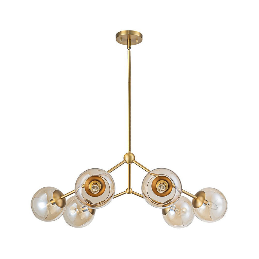 Farmhouze Light - Brass 6 - Light Amber Glass Globe Linear Sputnik Chandelier - Chandelier - Brass - 