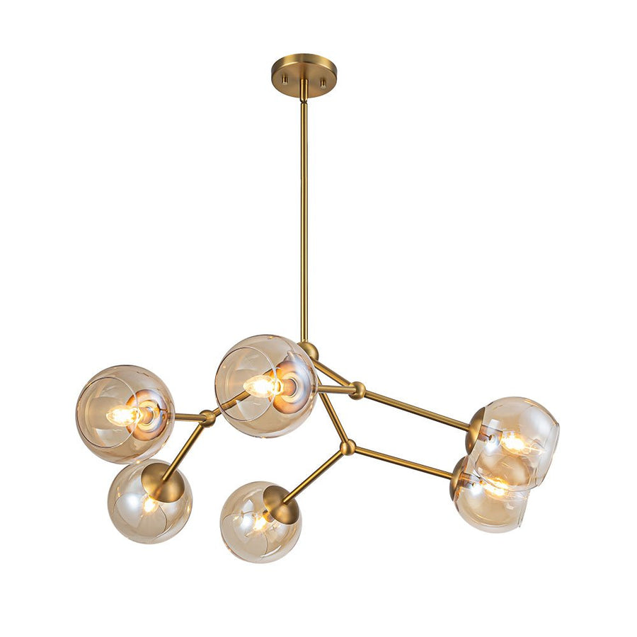 Farmhouze Light - Brass 6 - Light Amber Glass Globe Linear Sputnik Chandelier - Chandelier - Brass - 