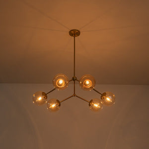 Farmhouze Light - Brass 6 - Light Amber Glass Globe Linear Sputnik Chandelier - Chandelier - Brass - 