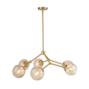 Farmhouze Light - Brass 6 - Light Amber Glass Globe Linear Sputnik Chandelier - Chandelier - Brass - 