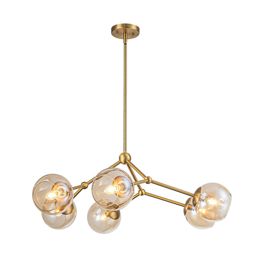 Farmhouze Light - Brass 6 - Light Amber Glass Globe Linear Sputnik Chandelier - Chandelier - Brass - 