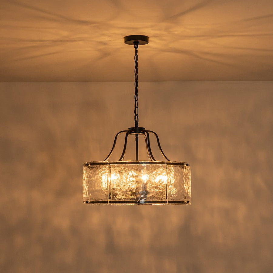 Farmhouze Light - Brass 6 - Light Textured Glass Drum Lantern Pendant - Chandelier - Black - 