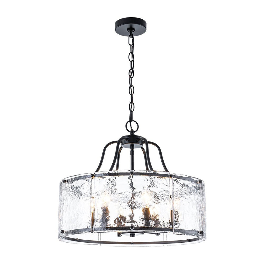 Farmhouze Light - Brass 6 - Light Textured Glass Drum Lantern Pendant - Chandelier - Black - 
