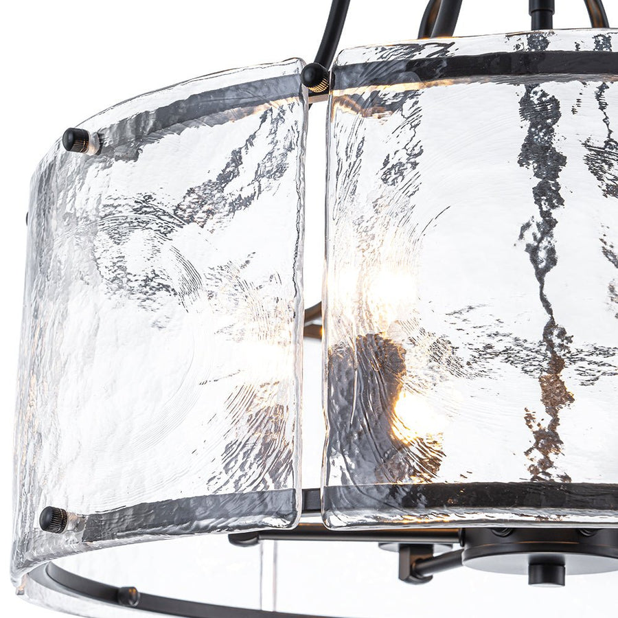 Farmhouze Light - Brass 6 - Light Textured Glass Drum Lantern Pendant - Chandelier - Black - 