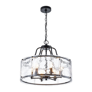 Farmhouze Light - Brass 6 - Light Textured Glass Drum Lantern Pendant - Chandelier - Black - 