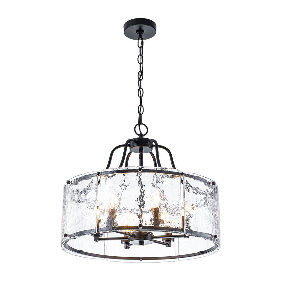 Farmhouze Light - Brass 6 - Light Textured Glass Drum Lantern Pendant - Chandelier - Black - 
