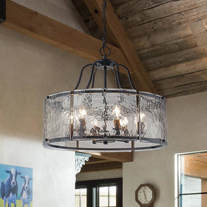 Farmhouze Light - Brass 6 - Light Textured Glass Drum Lantern Pendant - Chandelier - Black - 