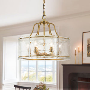 Brass 6-Light Textured Glass Drum Lantern Pendant LightFixturesUSA