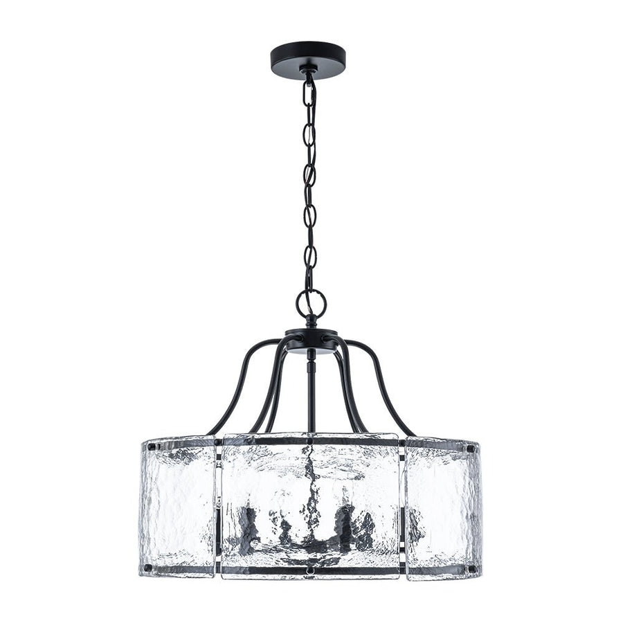 Farmhouze Light - Brass 6 - Light Textured Glass Drum Lantern Pendant - Chandelier - Brass - 