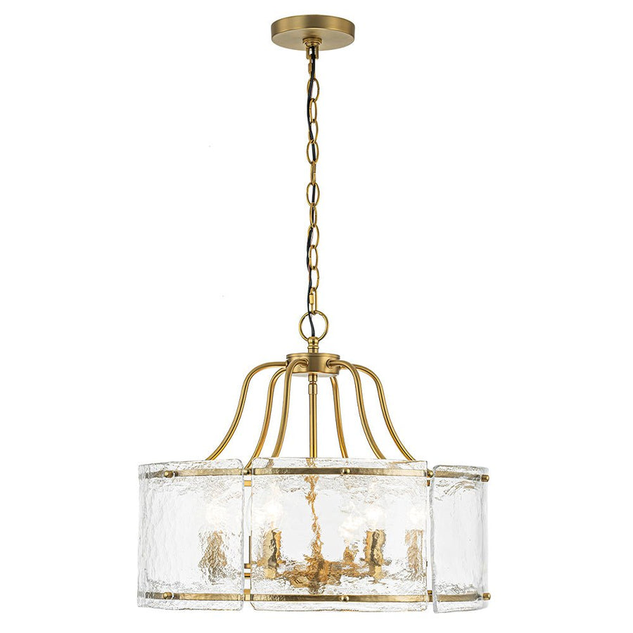 Farmhouze Light-Brass 6-Light Textured Glass Drum Lantern Pendant-Chandelier-Brass-