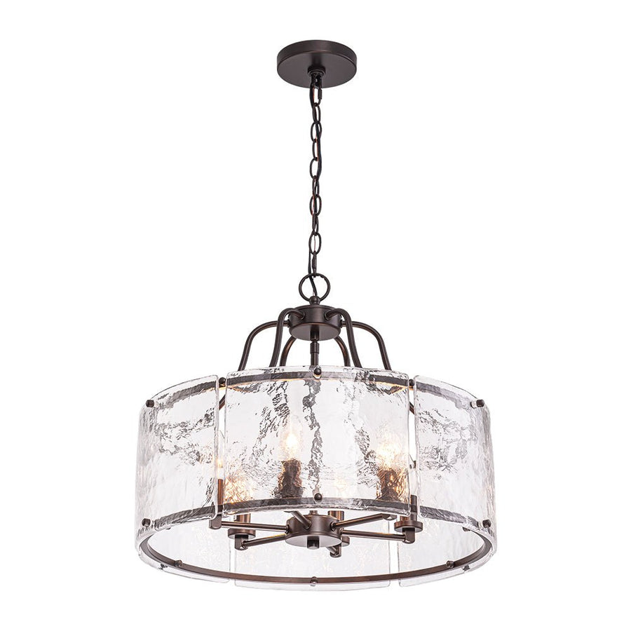 Farmhouze Light - Brass 6 - Light Textured Glass Drum Lantern Pendant - Chandelier - Oil - Rubbed Bronze - 