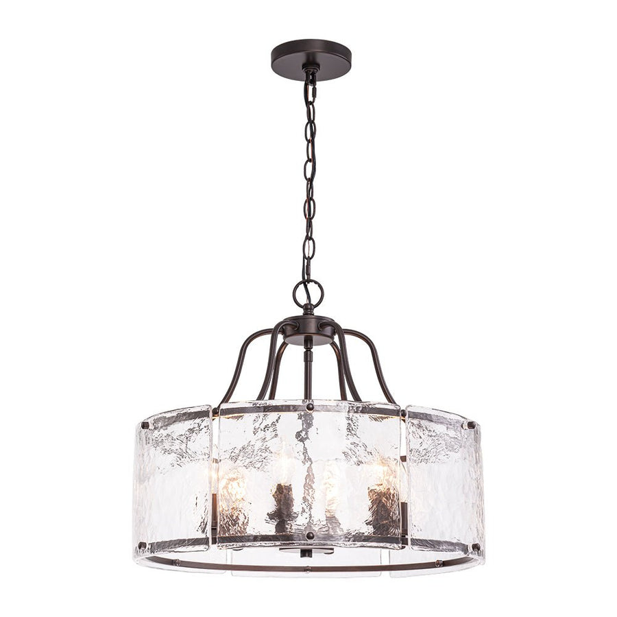 Farmhouze Light - Brass 6 - Light Textured Glass Drum Lantern Pendant - Chandelier - Oil - Rubbed Bronze - 
