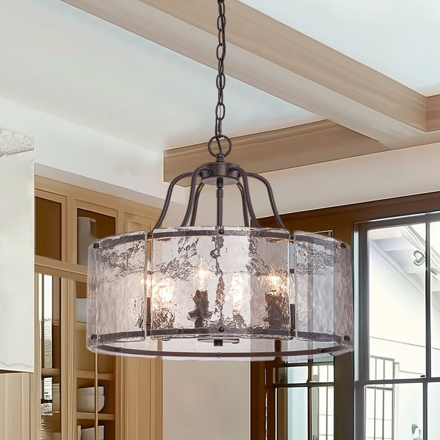 Farmhouze Light - Brass 6 - Light Textured Glass Drum Lantern Pendant - Chandelier - Oil - Rubbed Bronze - 