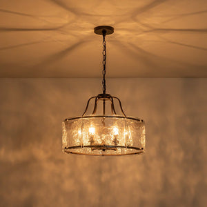 Farmhouze Light - Brass 6 - Light Textured Glass Drum Lantern Pendant - Chandelier - Oil - Rubbed Bronze - 