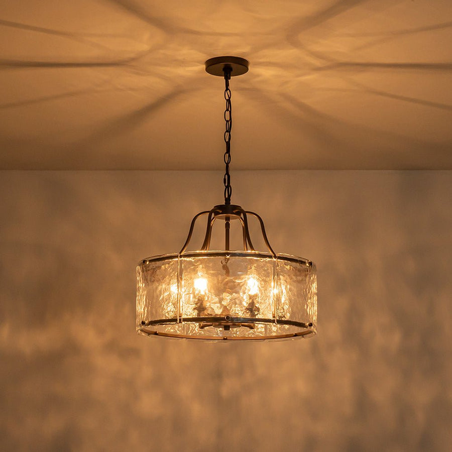 Farmhouze Light - Brass 6 - Light Textured Glass Drum Lantern Pendant - Chandelier - Oil - Rubbed Bronze - 