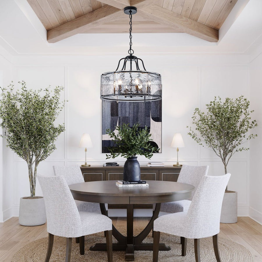 Farmhouze Light - Brass 6 - Light Textured Glass Drum Lantern Pendant - Chandelier - Oil - Rubbed Bronze - 