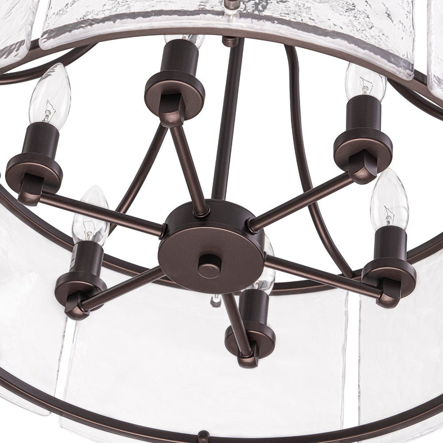 Farmhouze Light - Brass 6 - Light Textured Glass Drum Lantern Pendant - Chandelier - Oil - Rubbed Bronze - 